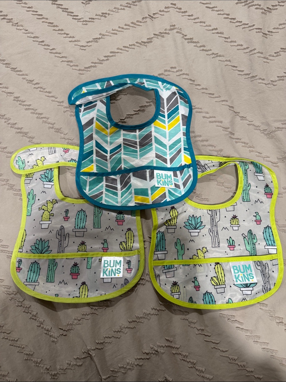 Bumkins Teal Chevron and Cactus Print Waterproof Bibs (3-Pack) - Size 3-9 Months